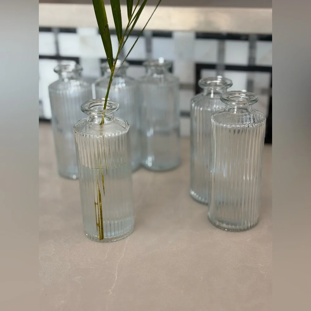 Set of 6 West Elm Modern Glass Ribbed Bud Vases - Picture 6 of 11